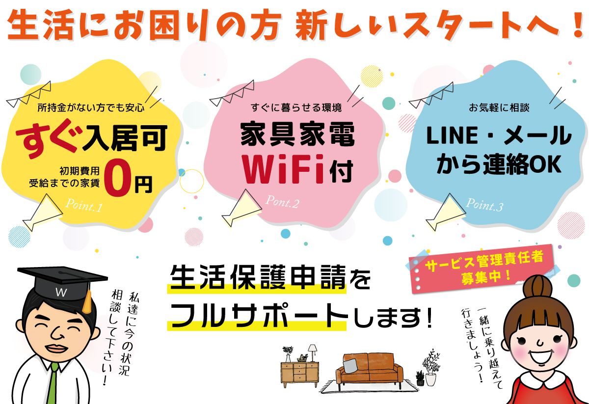 関西保護生活,生活保護申請,生活保護,即入居可能,家具家電付,相談,サービス管理責任者,wifi,wifi付,LINE,メール,気軽に相談,生活保護申請フルサポート,初期費用0円,新しい生活のスタート