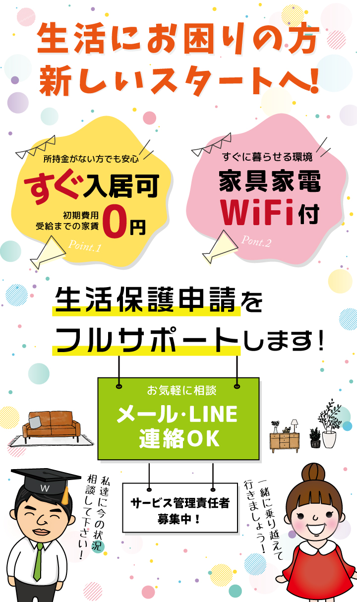 関西保護生活,生活保護申請,生活保護,即入居可能,家具家電付,相談,サービス管理責任者,wifi,wifi付,LINE,メール,気軽に相談,生活保護申請フルサポート,初期費用0円,新しい生活のスタート